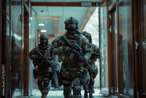 A SWAT team executes a precise, tactical entry into a building, geared up and coordinated, showcasing their expertise in handling high-stakes situations with professionalism.