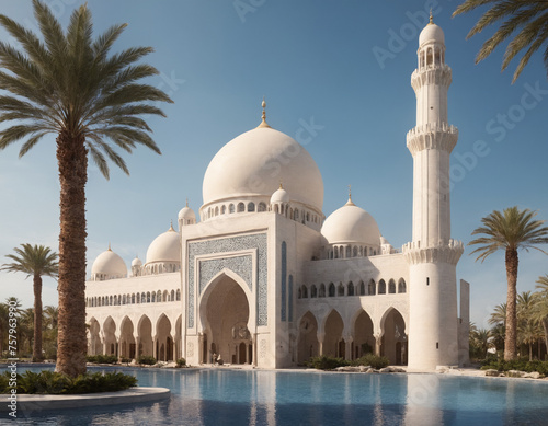 A white mosque with an old palm tree in the front garden, a magnificent mosque where Muslims worship with an blue sky
