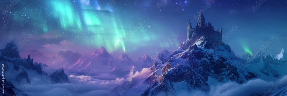 A lonely medieval castle fortress on mountain top with majestic view of snow mountain and beautiful aurora northern lights in night sky in winter.