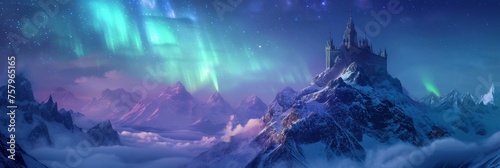A lonely medieval castle fortress on mountain top with majestic view of snow mountain and beautiful aurora northern lights in night sky in winter.