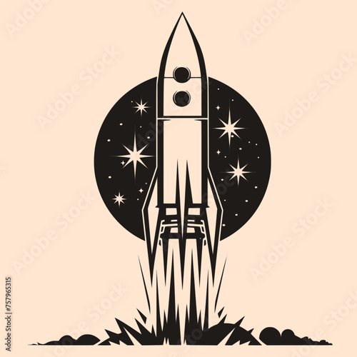 Black and White Spaceship (rocket) Outline Silhouette Ornament Vector Art for Logo and Icon, Sketch, Tattoo, Clip Art	
