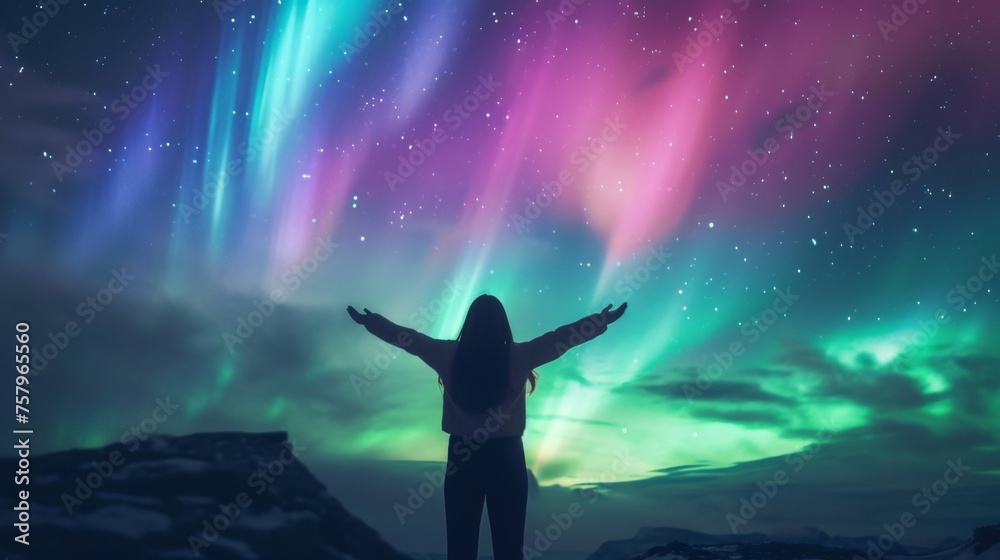 A person stands in snow field wow with beautiful aurora northern lights in night sky in winter.