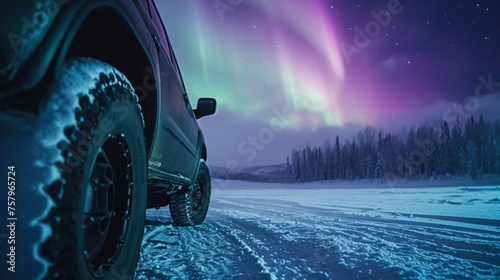 Closeup view of the tire of a car in wild snow field with beautiful aurora northern lights in night sky with snow forest in winter.