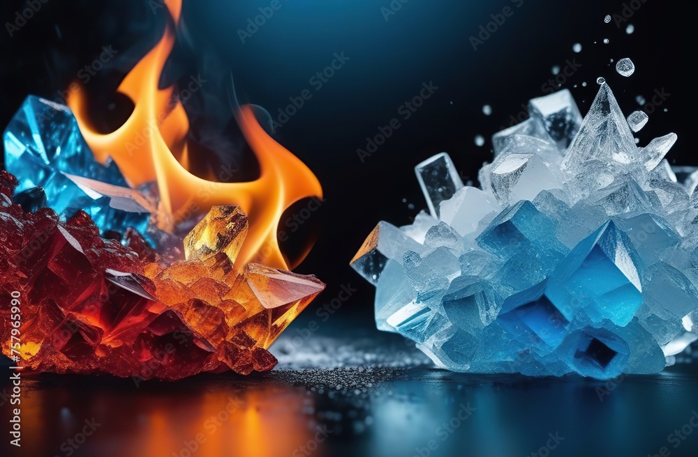 Abstract Fire and Ice element against each other background. Heat and Cold concept Abstract Fire and Ice element against each other background. Heat and Cold concept