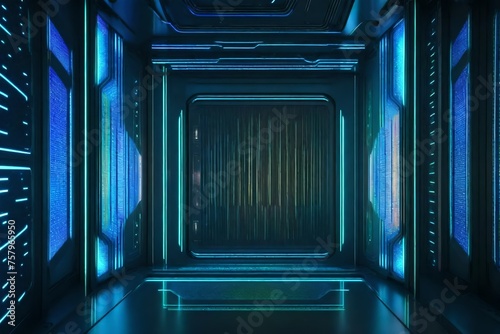 A futuristic sliding door with holographic patterns that opens to reveal a sci-fi interior.
