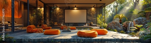 Outdoor cinema with bean bags and a projector under the stars3D render photo