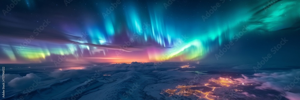 City lights with beautiful aurora northern lights in night sky with snow forest in winter.