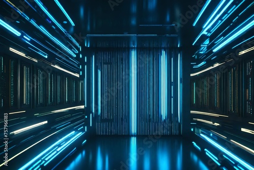 A futuristic sliding door adorned with holographic patterns, opening to reveal a sci-fi interior