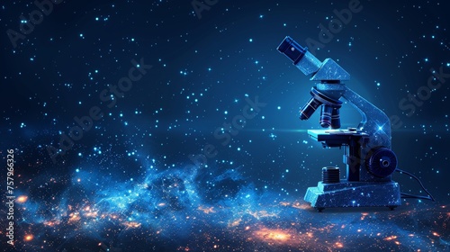 An abstract mash line and point microscope on a starry sky or space with an inscription, depicting stars and the universe. Illustration of education and science.