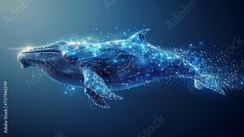 Blue whale made of polygons. Digital concept of marine animals. Low poly illustration of starry sky. Whale made of lines, dots, shapes and wireframe. © Zaleman