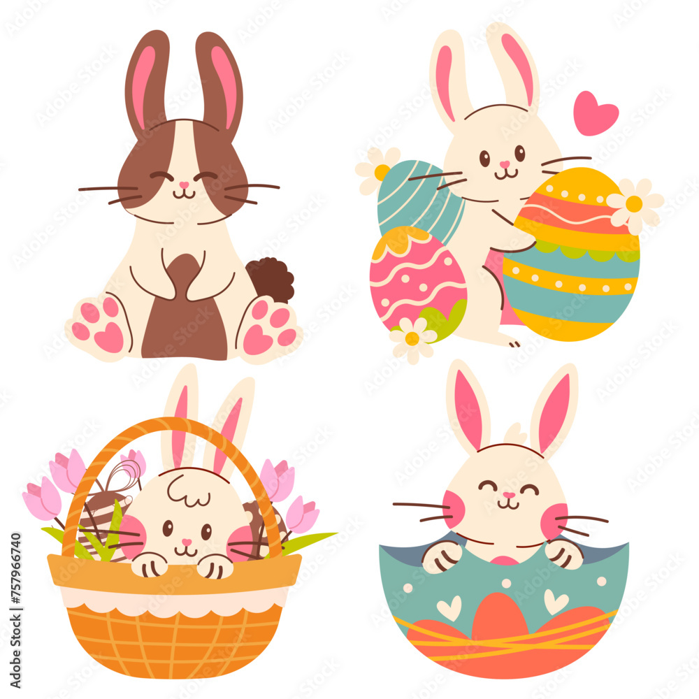 Set of easter bunny with eggs. Easter card with bunny and eggs in basket. Easter card with bunny. Cute Easter card with chocolate bunny. Spring collection of animals and decorations. For poster, card Set of easter bunny with eggs. Easter card with bunny and eggs in basket. Easter card with bunny. Cute Easter card with chocolate bunny. Spring collection of animals and decorations. For poster, card