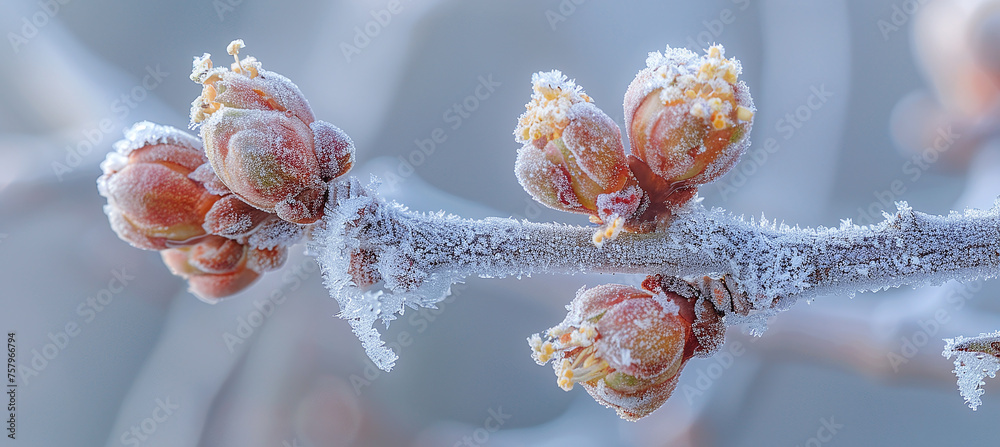 a newly blossomed bud on a tree covered with frost. spring frosts, threat of crop loss - obrazy, fototapety, plakaty 