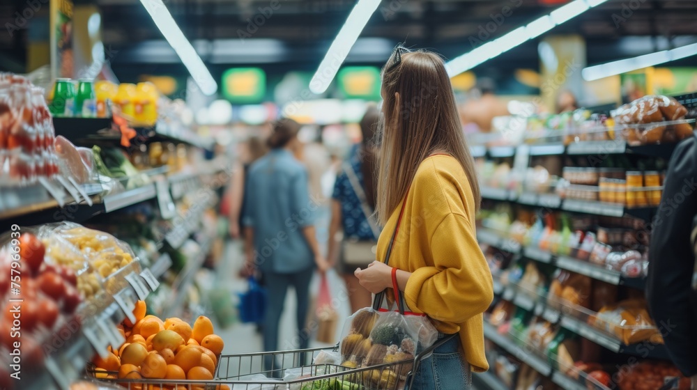 A female shopper in a grocery store shopping for food.