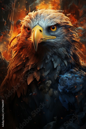 A powerful eagle with its wings spread wide stands amidst flames and ruins. © Edik