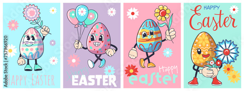 Cartoon happy Easter Groovy egg poster set. Holiday personage isolated on white background