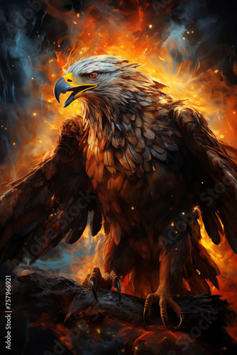 A powerful eagle with its wings spread wide stands amidst flames and ruins. © Edik