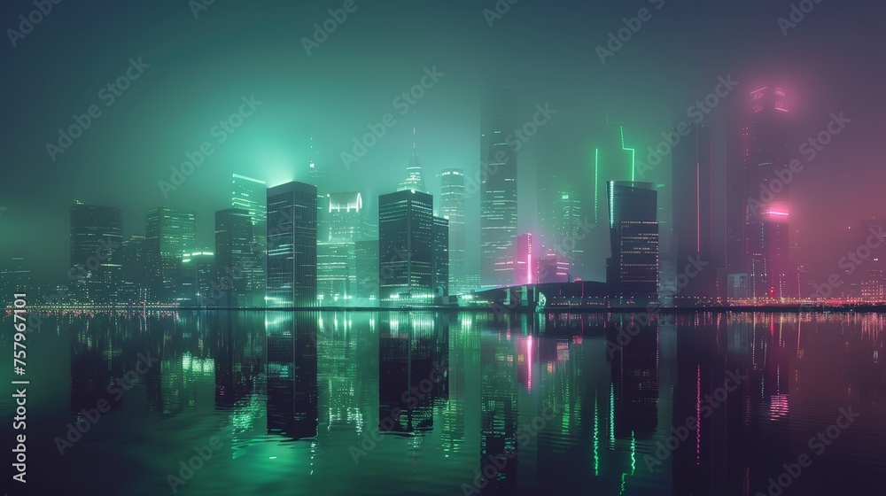 a city skyline with green and pink lights reflecting on water