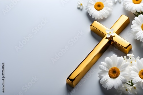 Gold cross with white flowers photo