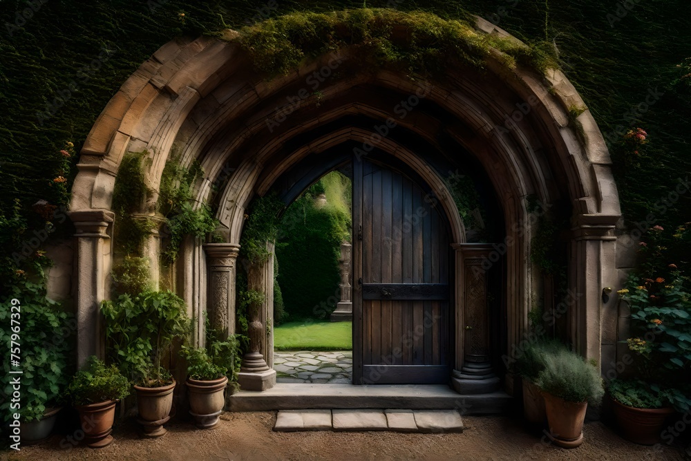A medieval-style arched entrance that leads to an enchanted garden full of mystical creatures
