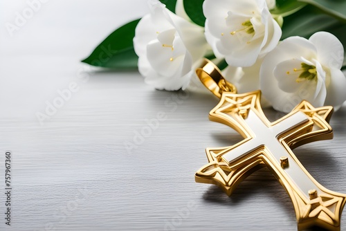 Gold cross with white flowers photo