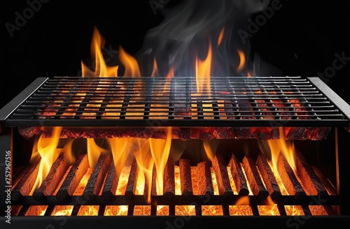 Barbecue Grill With Fire Flames - Empty Fire Grid On Black Background 