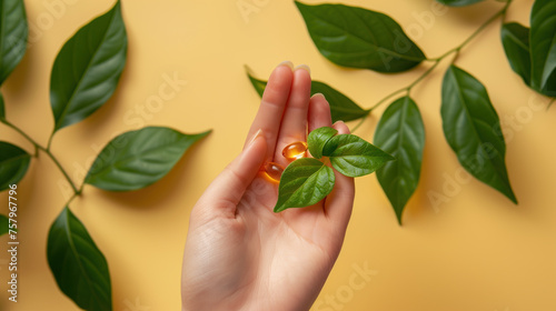 Hand holding omega-3 capsules with green leaves on a yellow background.