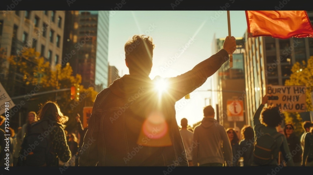 Silhouette of a Person Waving a Flag During a Street Protest at Sunset Silhouette of a Person Waving a Flag During a Street Protest at Sunset