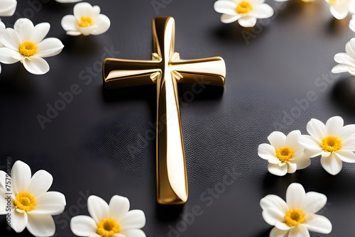 Gold cross with white flowers photo