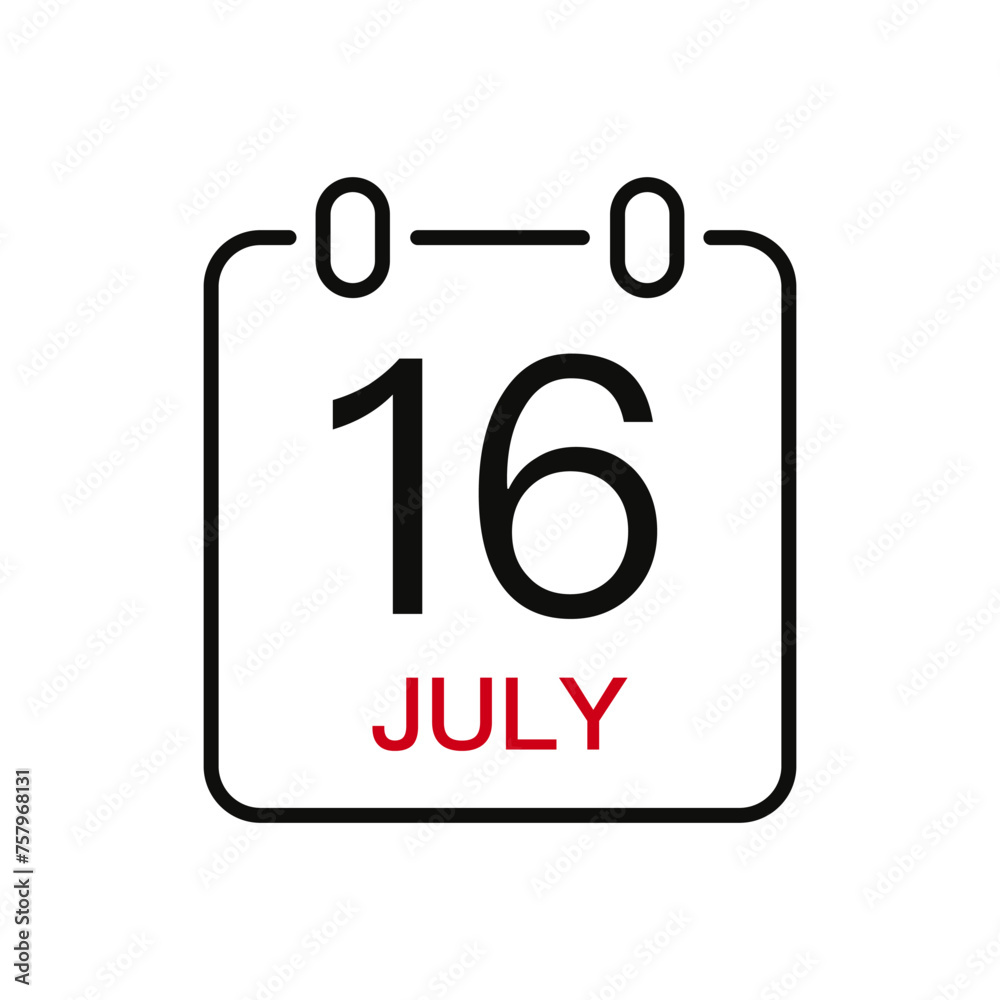 July 16 date on the calendar, vector line stroke icon for user interface. Calendar with date, vector illustration. July 16 date on the calendar, vector line stroke icon for user interface. Calendar with date, vector illustration.
