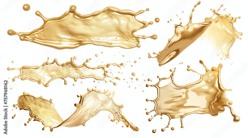 Set of golden liquid splashes isolated on white background. Gold paint ...