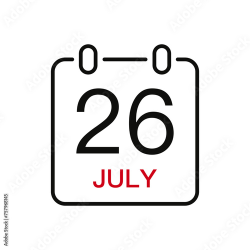 July 26 date on the calendar, vector line stroke icon for user interface. Calendar with date, vector illustration.