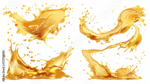 set of vector illustrations, splash liquid oil isolated on white background, different angles and poses, dynamic splashes of golden color in the style of different artists