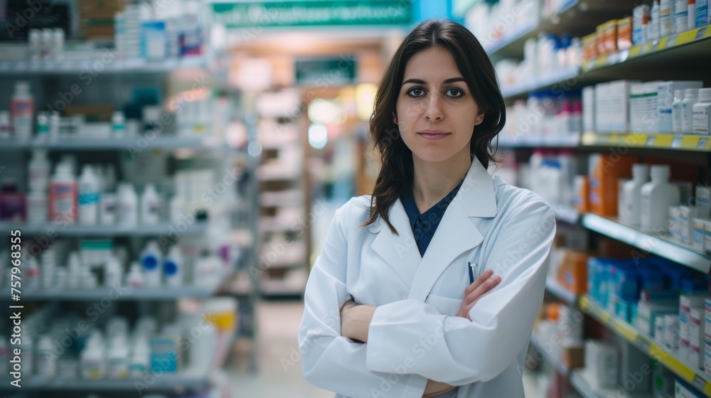 Portrait of a female smiling pharmacist in a drug store