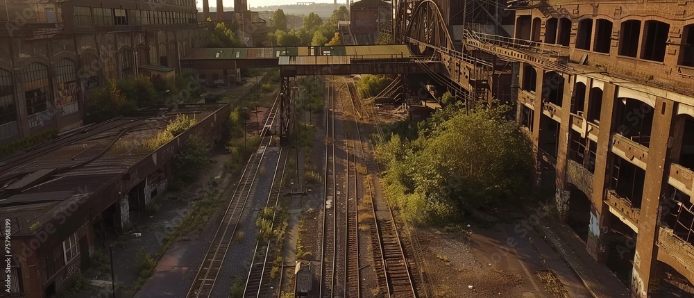 The Sunset Glow Over An Abandoned Industrial Railway Scene