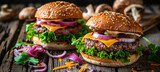 Two juicy beef burgers with cheddar cheese, mushrooms, lettuce and onions on a wooden board on a dark background