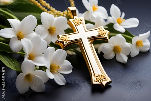 Gold cross with white flowers photo