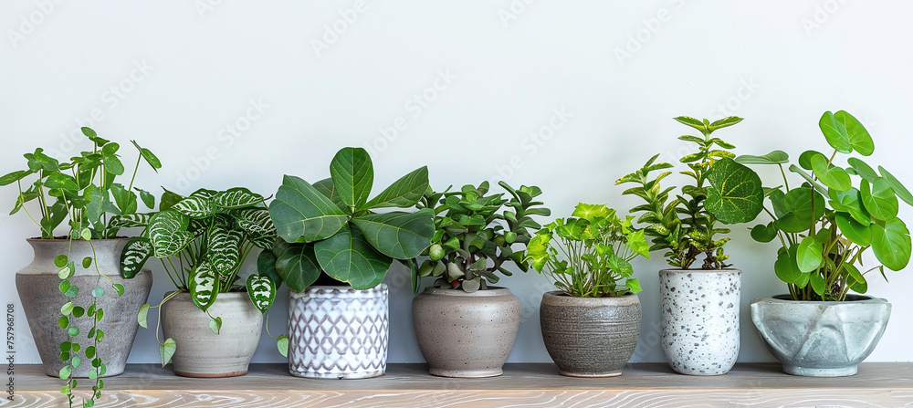 Collection of beautiful indoor green plants growing in various pots