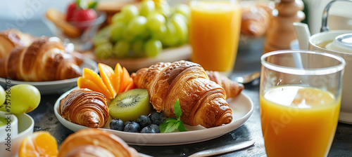 continental breakfast with croissants, fresh orange juice, fruit and hot drink photo