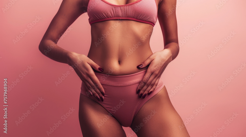 Elegance in Fitness - Sleek Sportswear on a Woman's Torso Against a Soft Pink Background