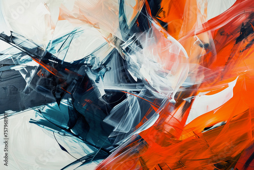 Expressive abstract painting with bold strokes of red, teal, and white, overlaid with dynamic black lines creating sense of chaotic movement. For modern art concepts, energetic designs, abstract