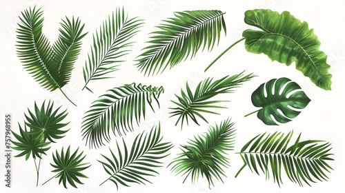 Set of tropical green palm leaves on white background. generative ai 