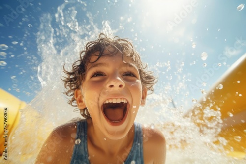 Laughing happy boy in a water park sliding down the toboggan, splashes and foam, joy from active recreation in summer bright sun © DK_2020