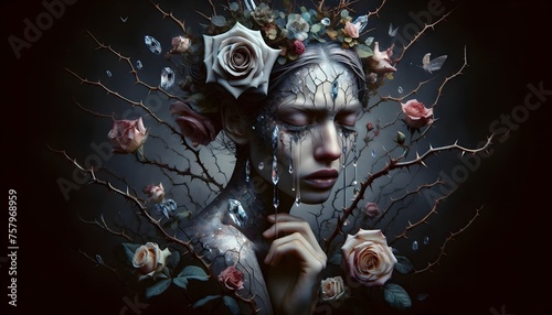 A beautiful yet haunting portrait of a figure with tears of crystal, surrounded by thorns and roses, symbolizing between beauty and pain