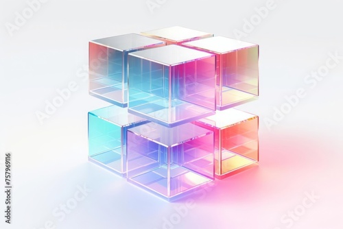 Crystal glass cubes with refraction and holographic effect isolated on white background. Rendering of rotating transparent glass with dispersive light overlay, rainbow gradient.