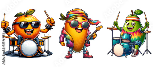 Rockstar fruits character cartoon isolated on transparent background