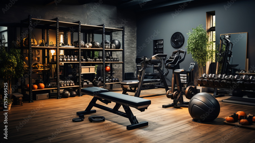 A home gym setup with functional fitness equipment. A home gym setup with functional fitness equipment.