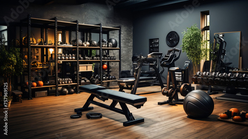 A home gym setup with functional fitness equipment. photo