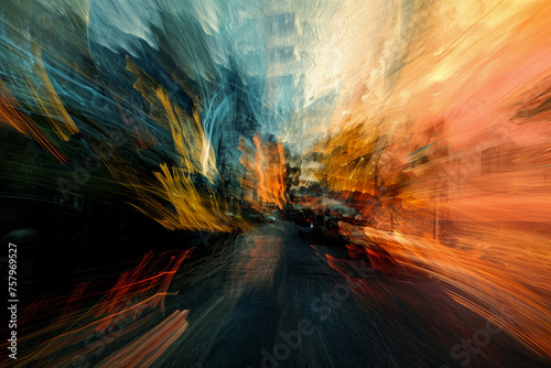 Vivid abstract painting that conveys sense of speed and motion, with sweeping lines and splashes of blue, gold, red on textured background. For themes of speed, energy, dynamic nature of change photo