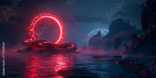 3D rendering features moon like planet captivating neon lights circles glowing pink ring portal illuminated 