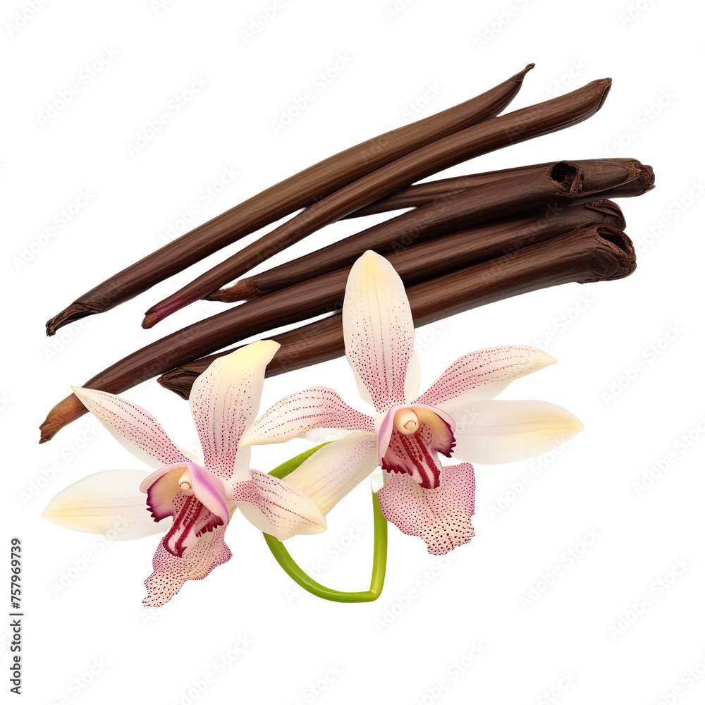 Vanilla pods and orchid flower on white or transparent background